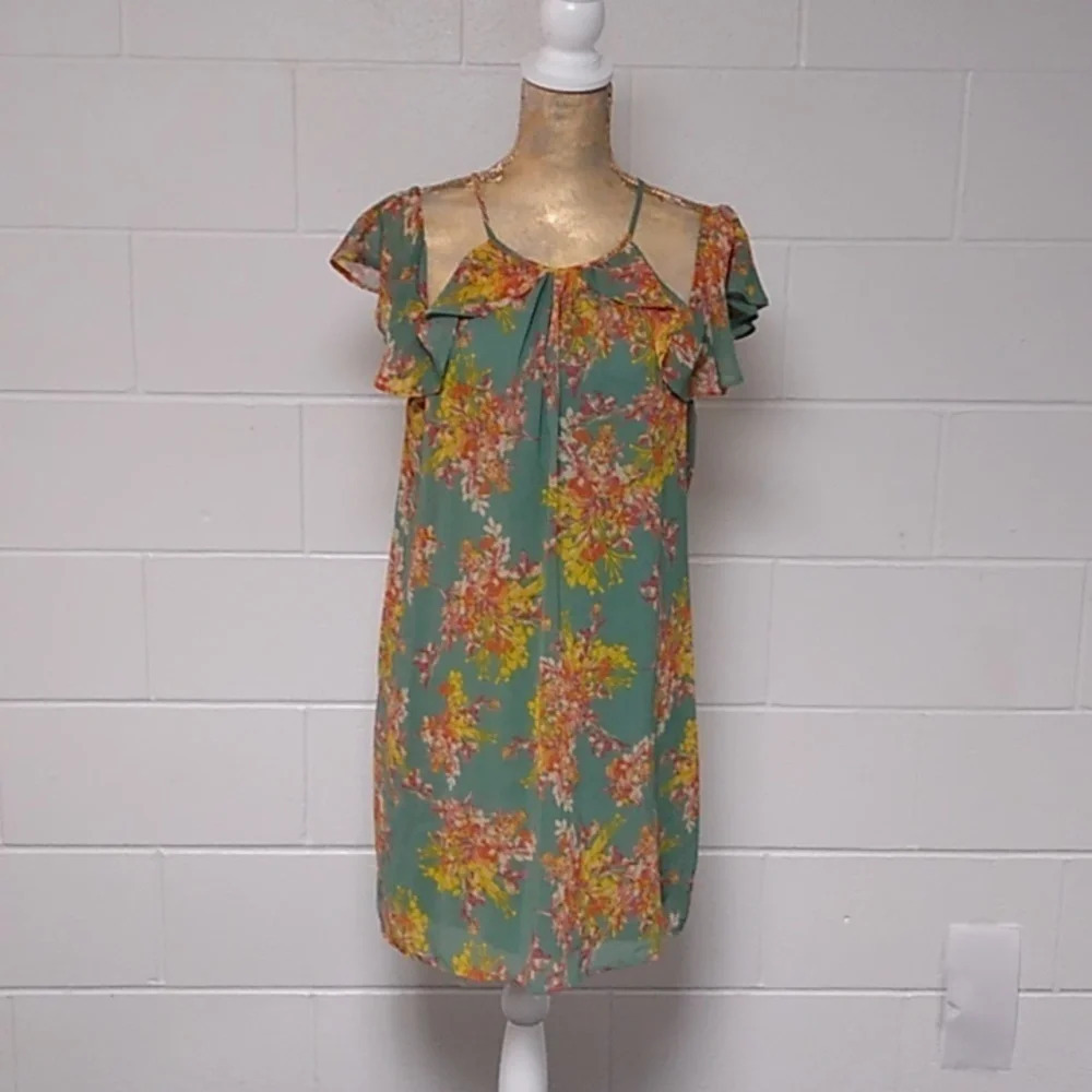 BLUE RAIN SHEER FLORAL OVER SAGE GREEN, SPAGETTI STRAP, RUFFLE DRESS